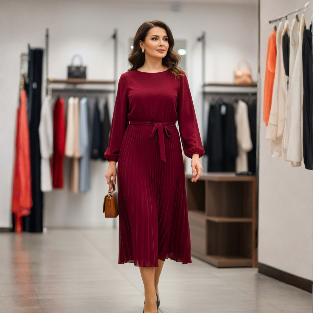 Rochia plisată cu decolteu rotund – Vișiniu Elegant