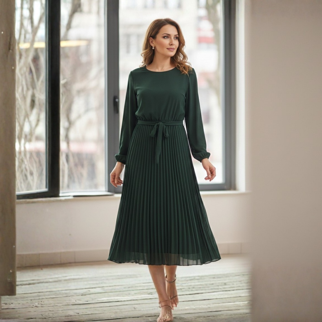 Rochia plisată cu decolteu rotund – Verde