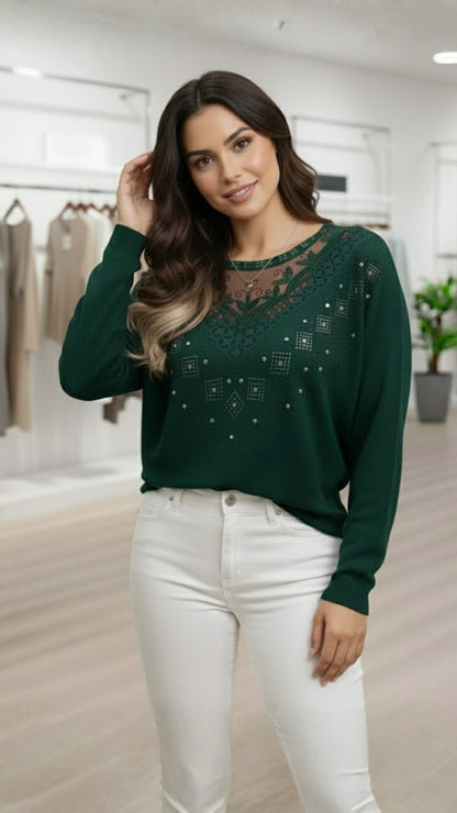 Pulover cu decolteu transparent și strasuri – Verde