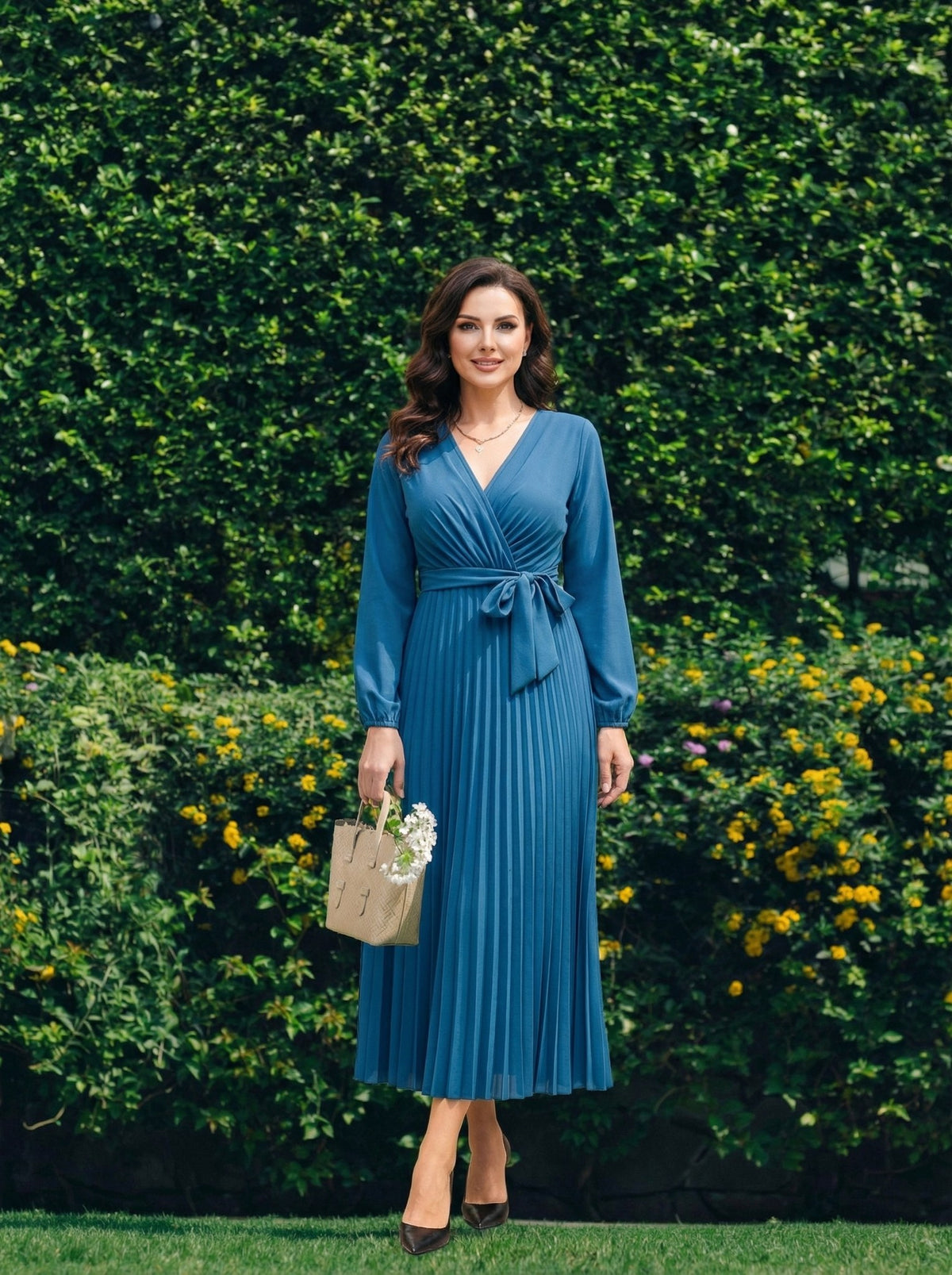Rochie plisată cu decolteu în V – Albastru