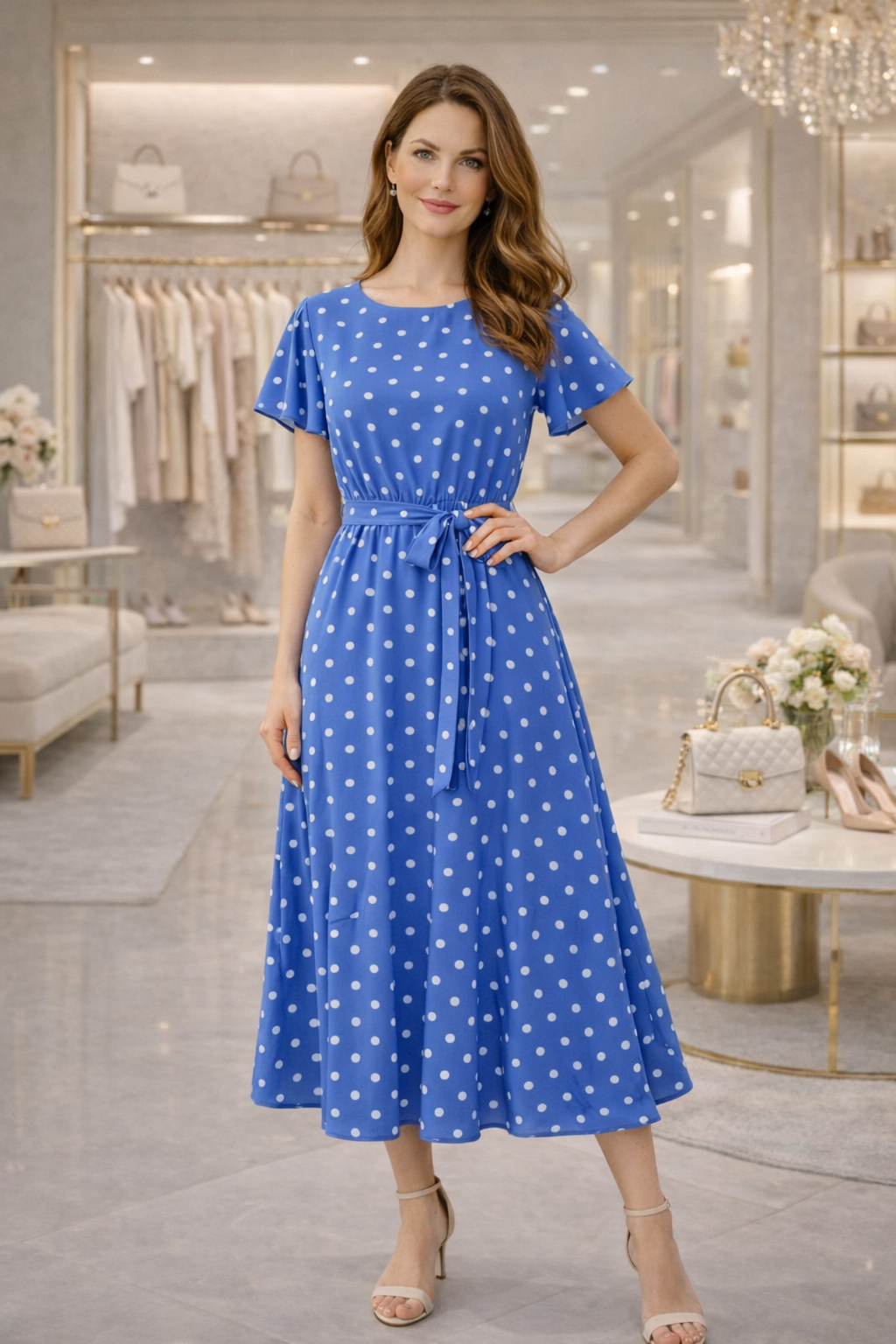 Rochie cu buline și decolteu rotund – Albastru Deschis