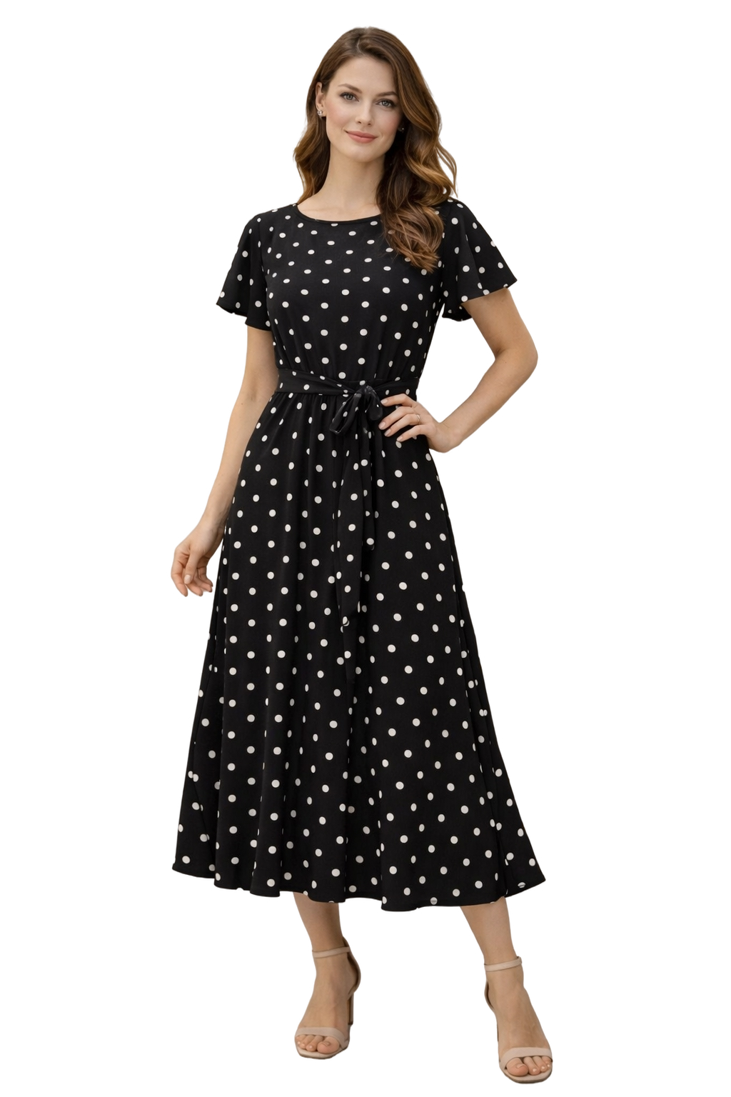Rochie cu buline și decolteu rotund – Negru