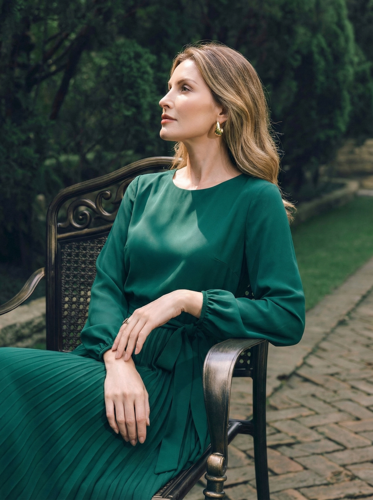 Rochia plisată cu decolteu rotund – Verde