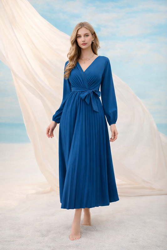 Rochie plisată cu decolteu în V – Albastru