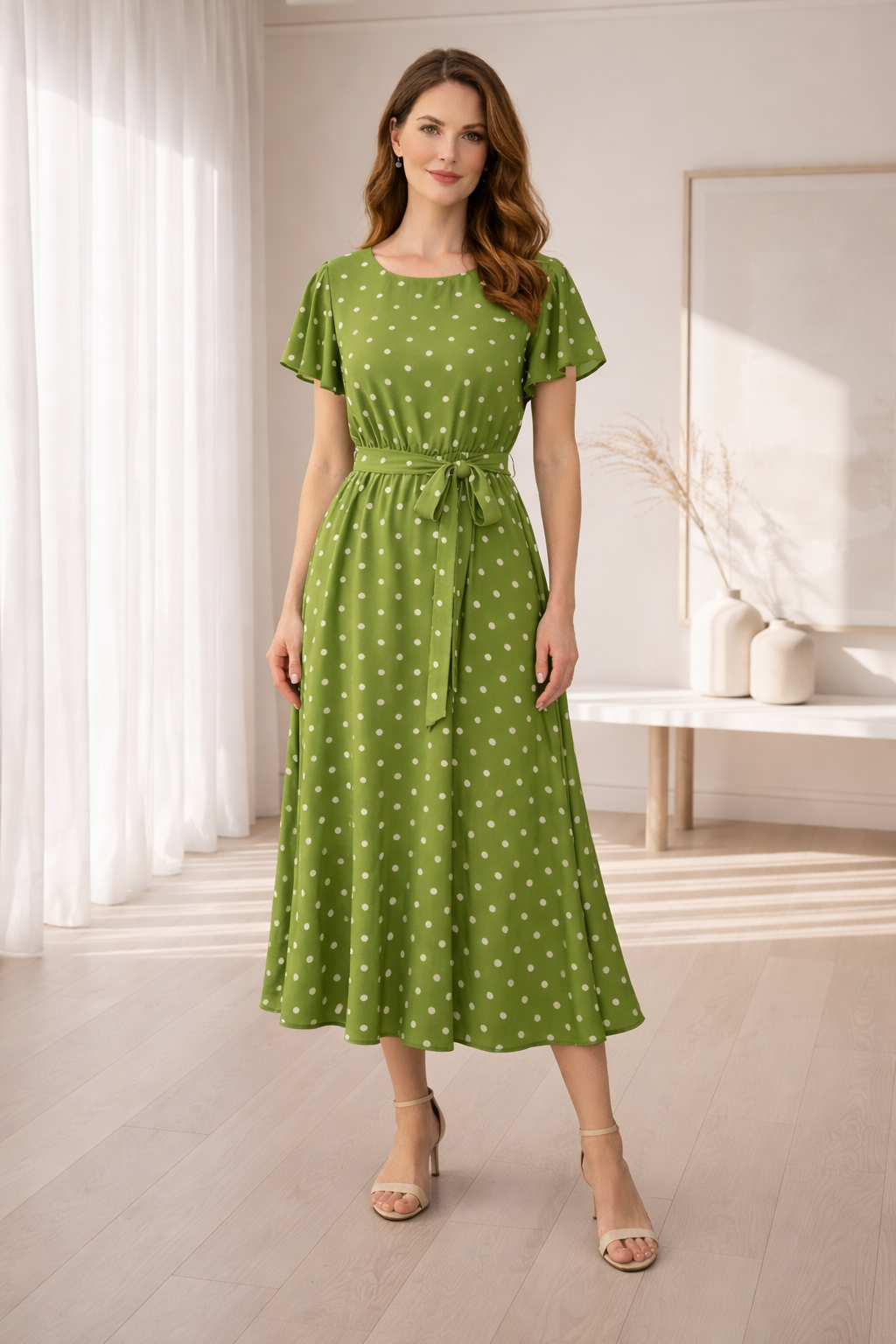 Rochie cu buline și decolteu rotund – Verde Închis