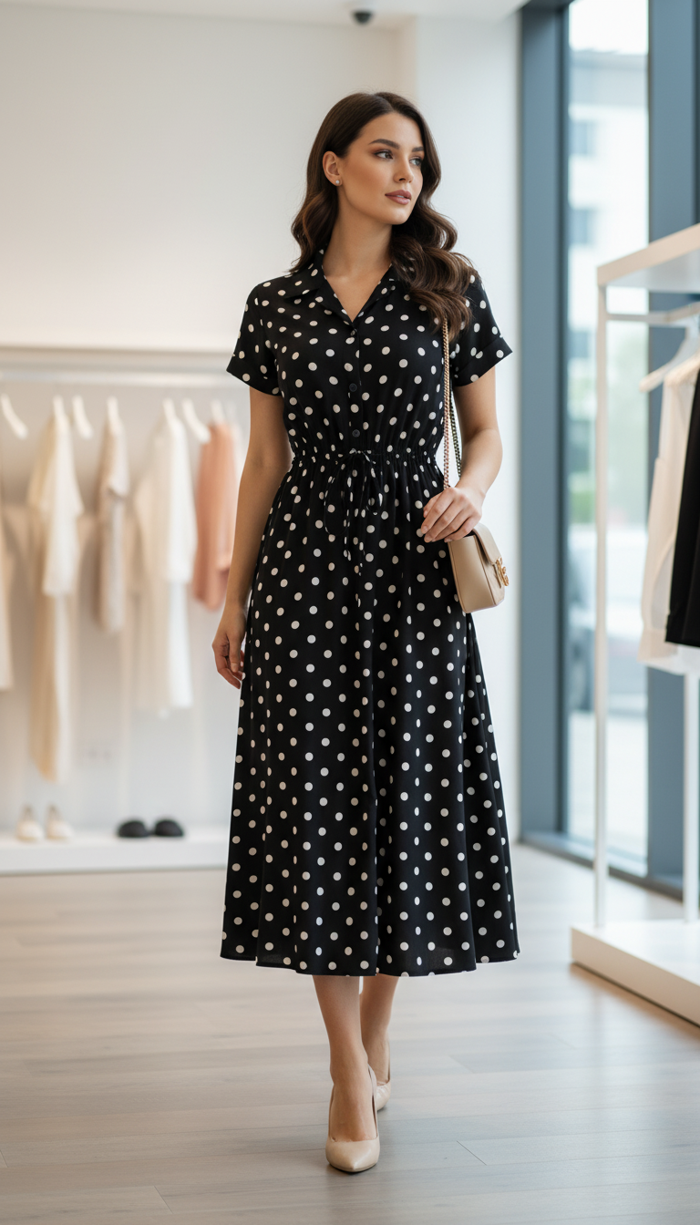 Rochie cu buline și guler tip cămașă – Negru
