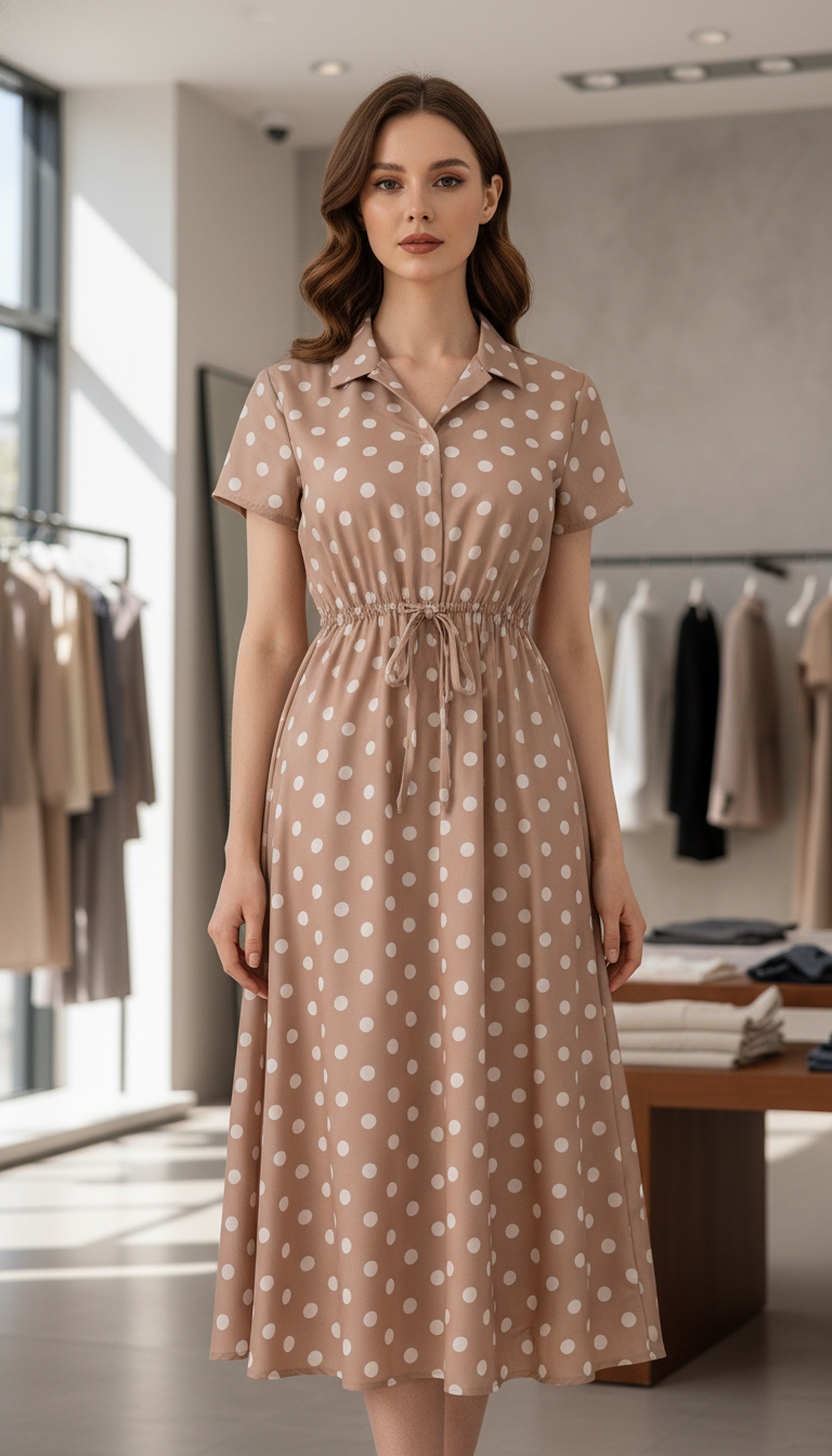 Rochie cu buline și guler tip cămașă – Bej
