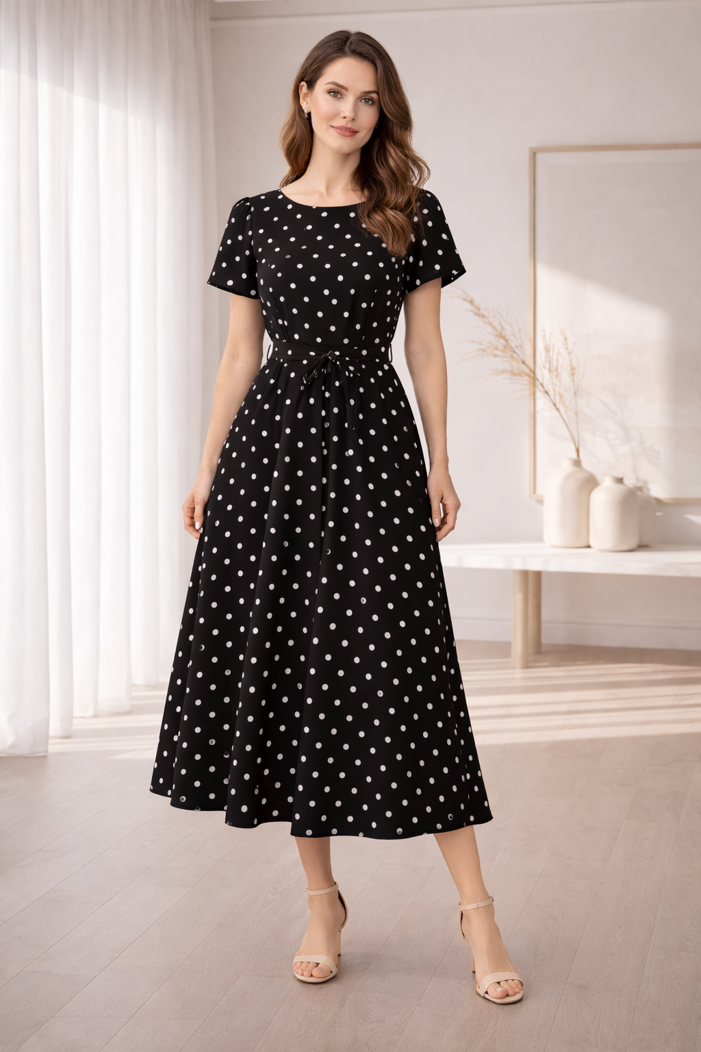 Rochie cu buline și decolteu rotund – Negru