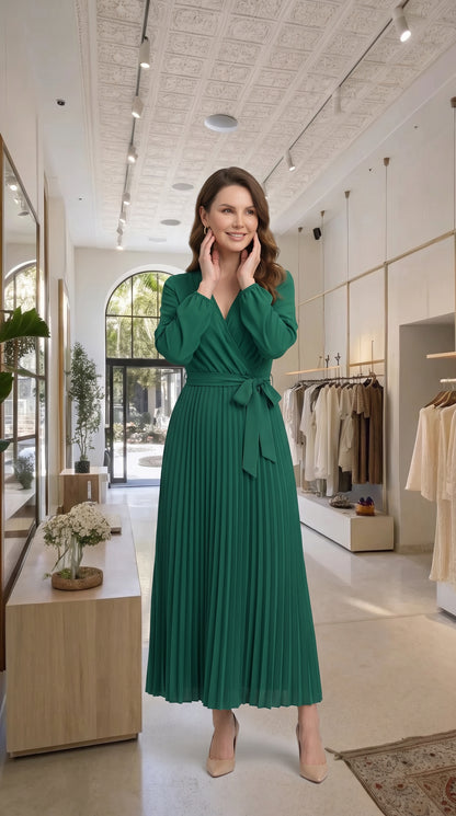 Rochie plisată cu decolteu în V – Verde