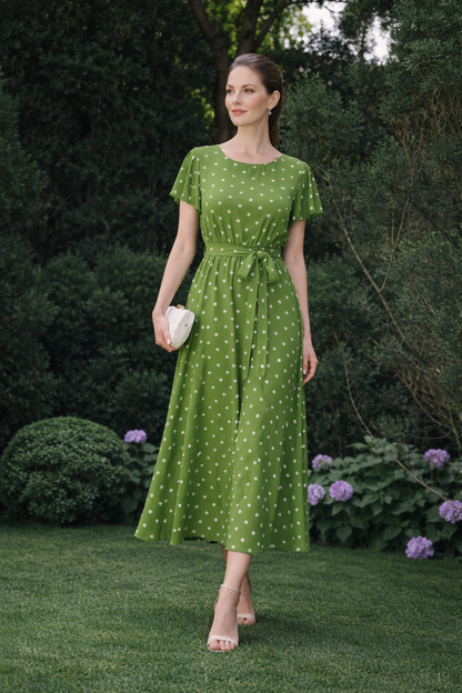 Rochie cu buline și decolteu rotund – Verde Închis