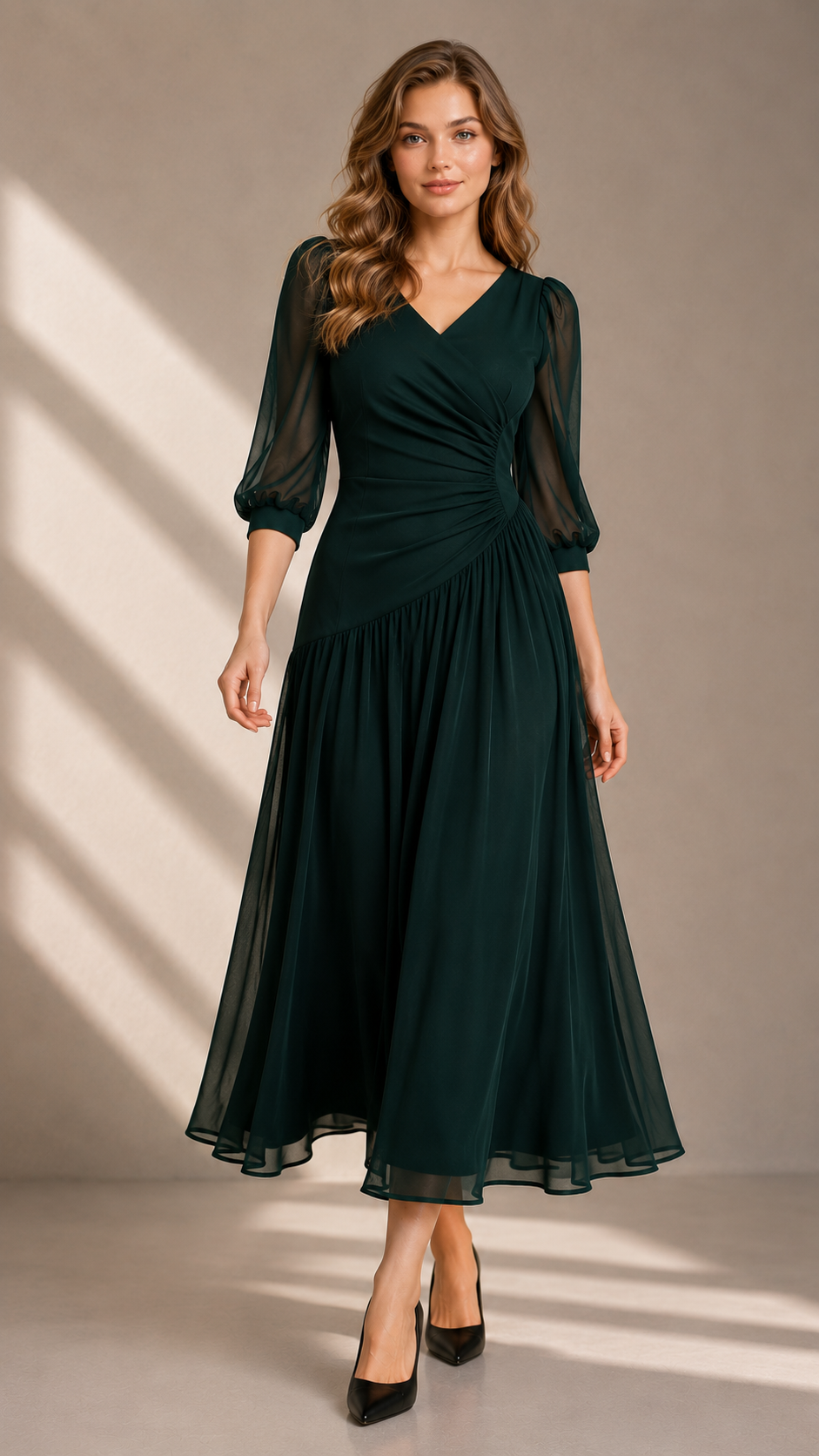 Rochie midi din șifon cu drapaj asimetric – Verde