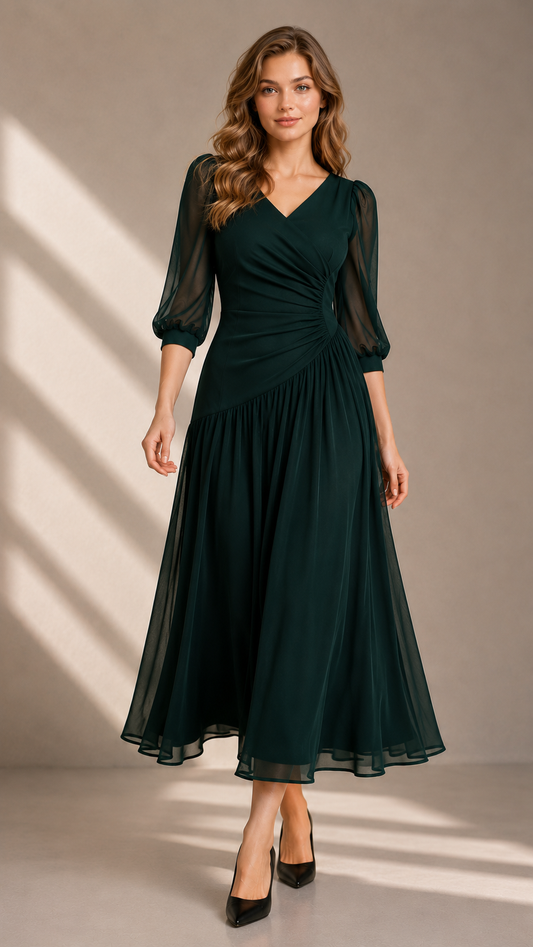 Rochie midi din șifon cu drapaj asimetric – Verde