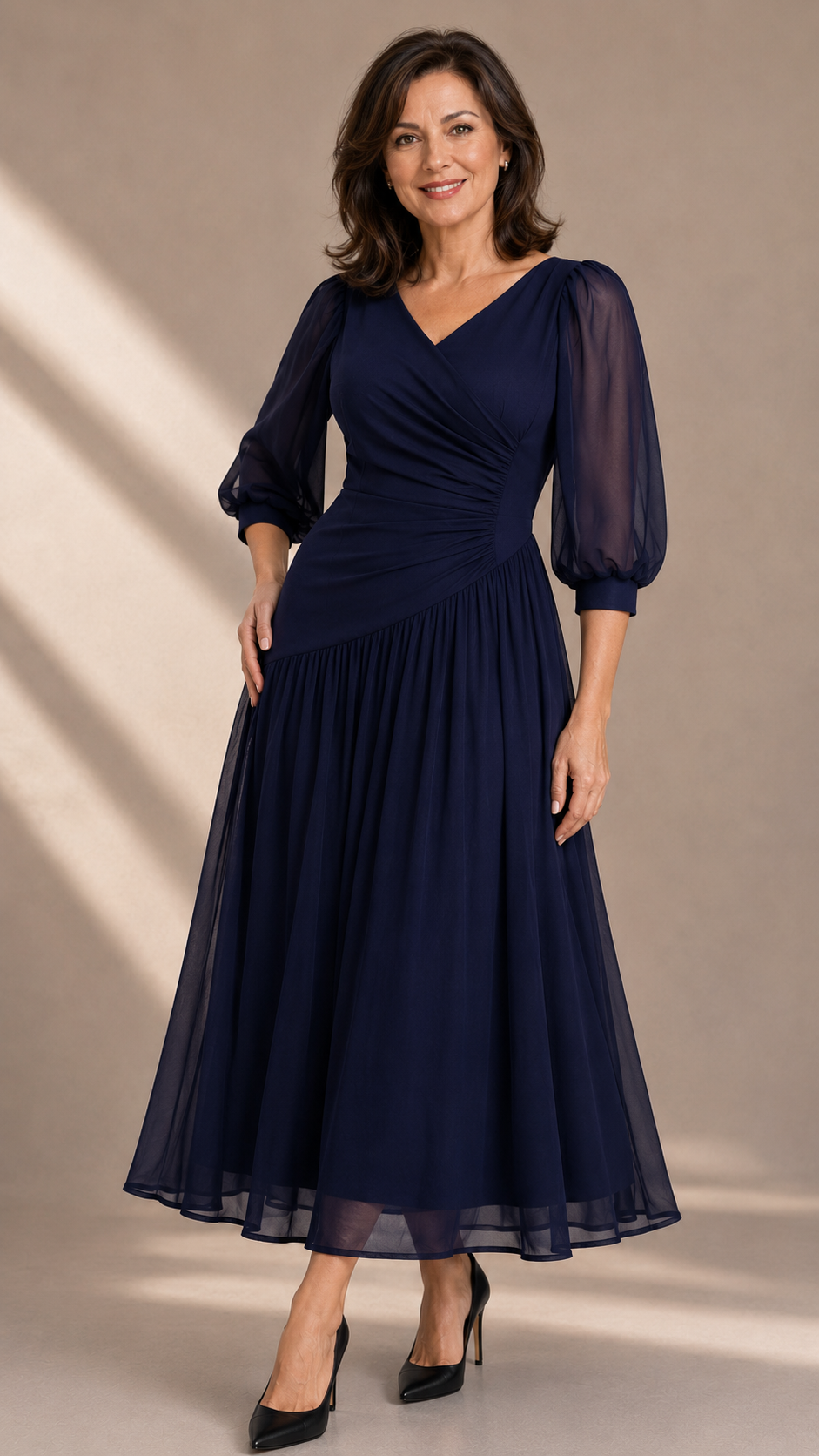 Rochie midi din șifon cu drapaj asimetric – Bleumarin