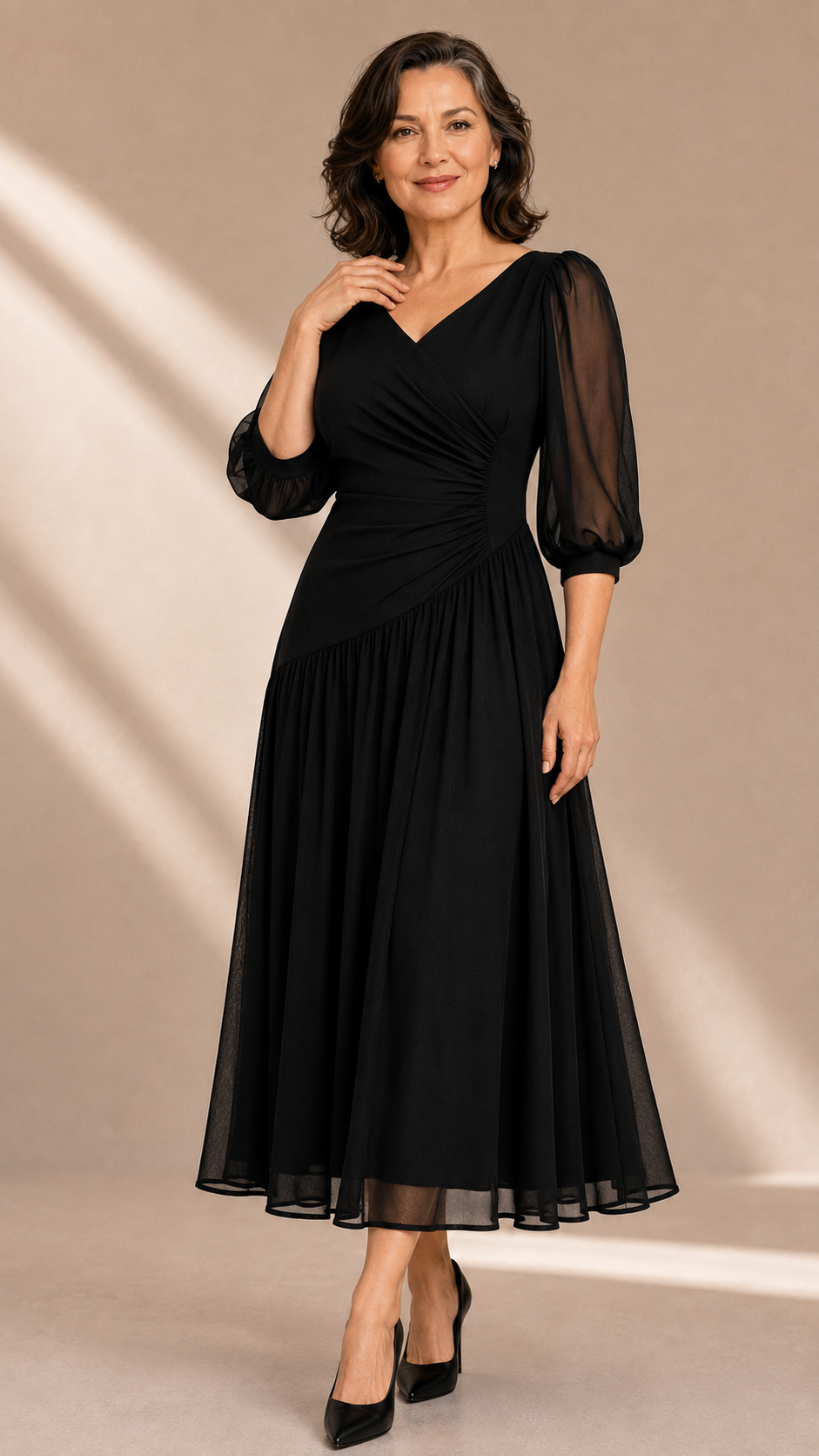 Rochie midi din șifon cu drapaj asimetric – Negru