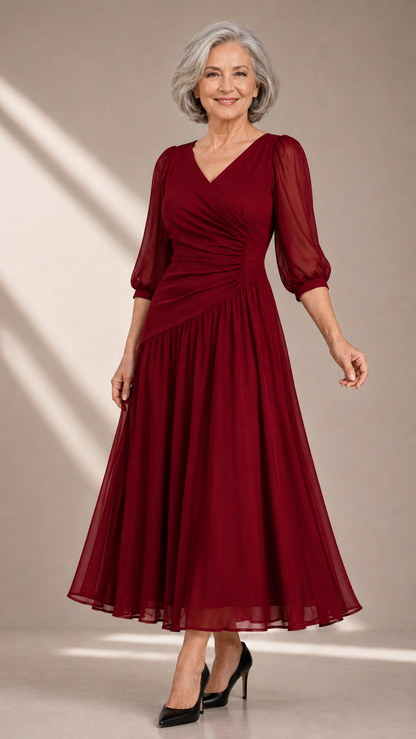 Rochie midi din șifon cu drapaj asimetric – Bordo