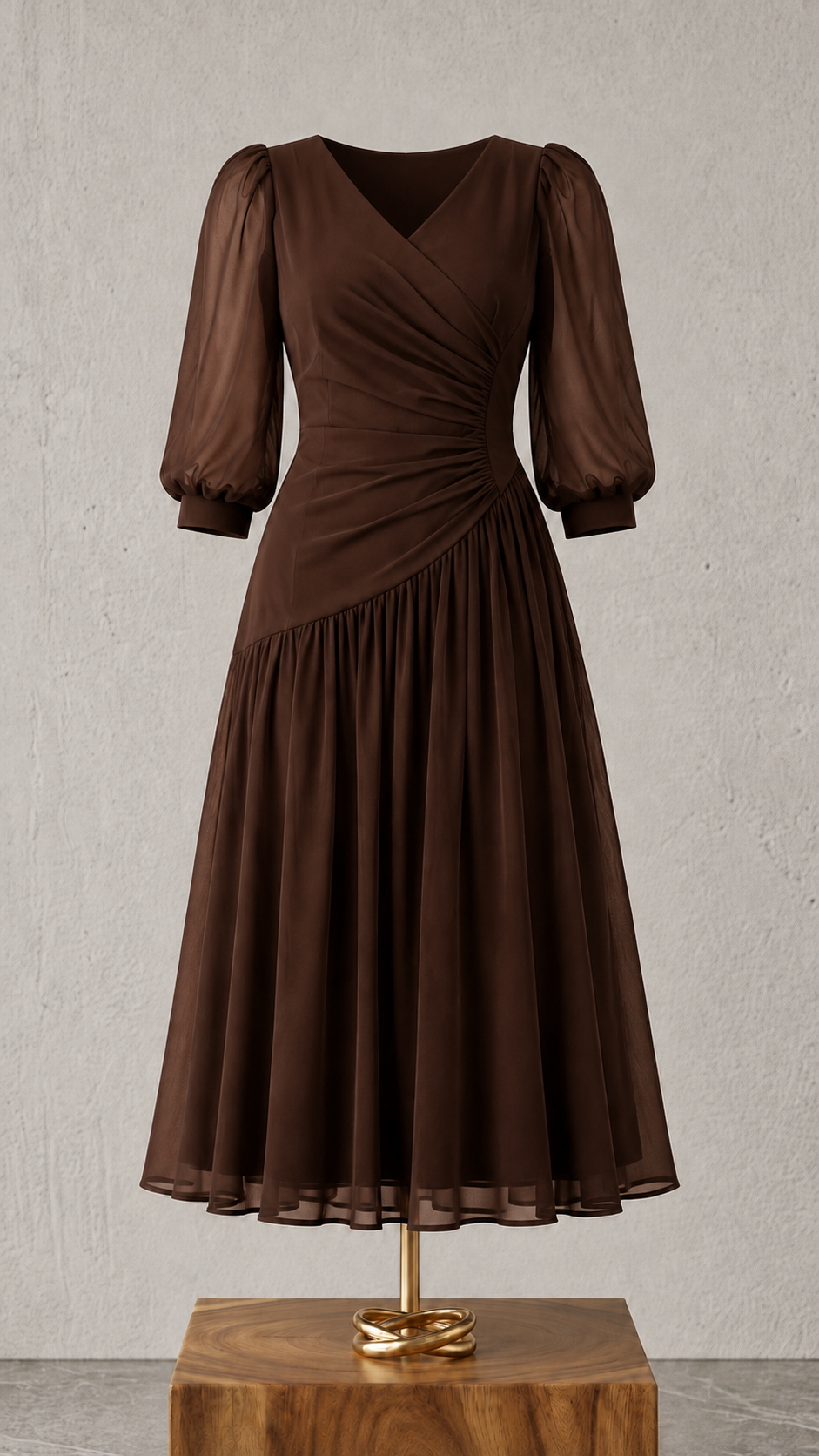Rochie midi din șifon cu drapaj asimetric – Maro