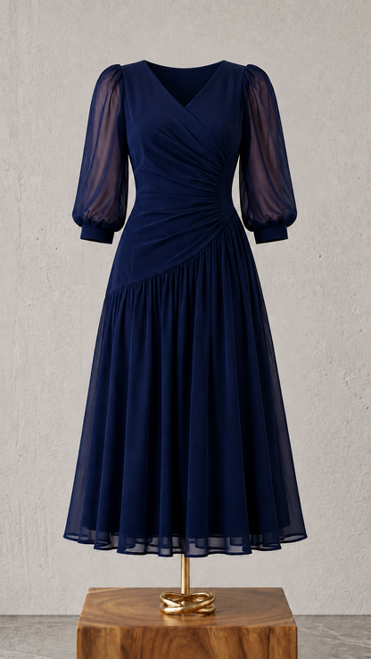 Rochie midi din șifon cu drapaj asimetric – Bleumarin
