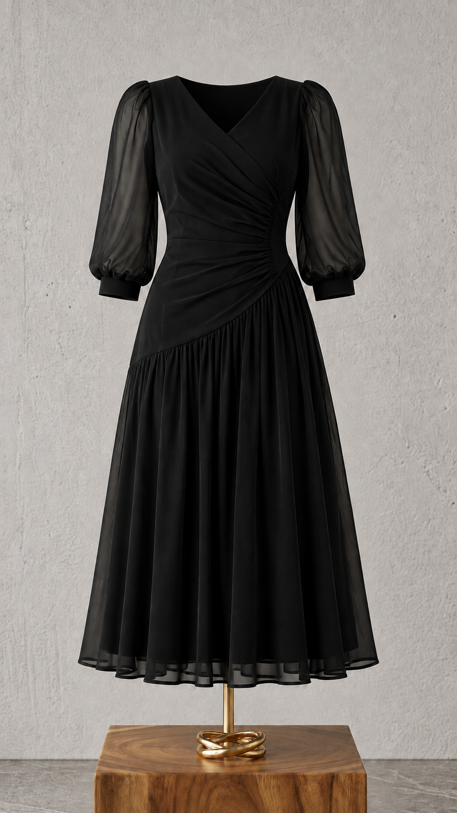 Rochie midi din șifon cu drapaj asimetric – Negru