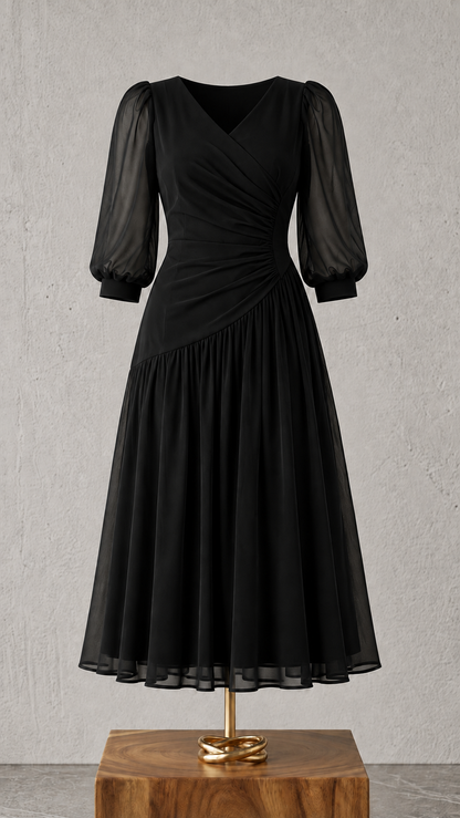 Rochie midi din șifon cu drapaj asimetric – Negru
