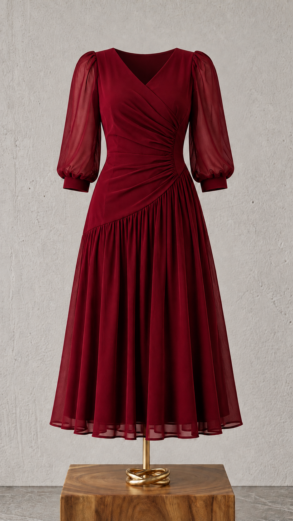 Rochie midi din șifon cu drapaj asimetric – Bordo