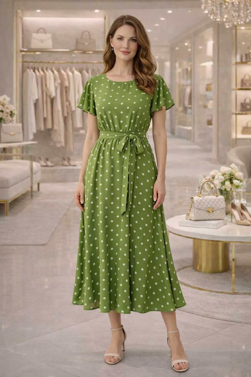 Rochie cu buline și decolteu rotund – Verde Închis