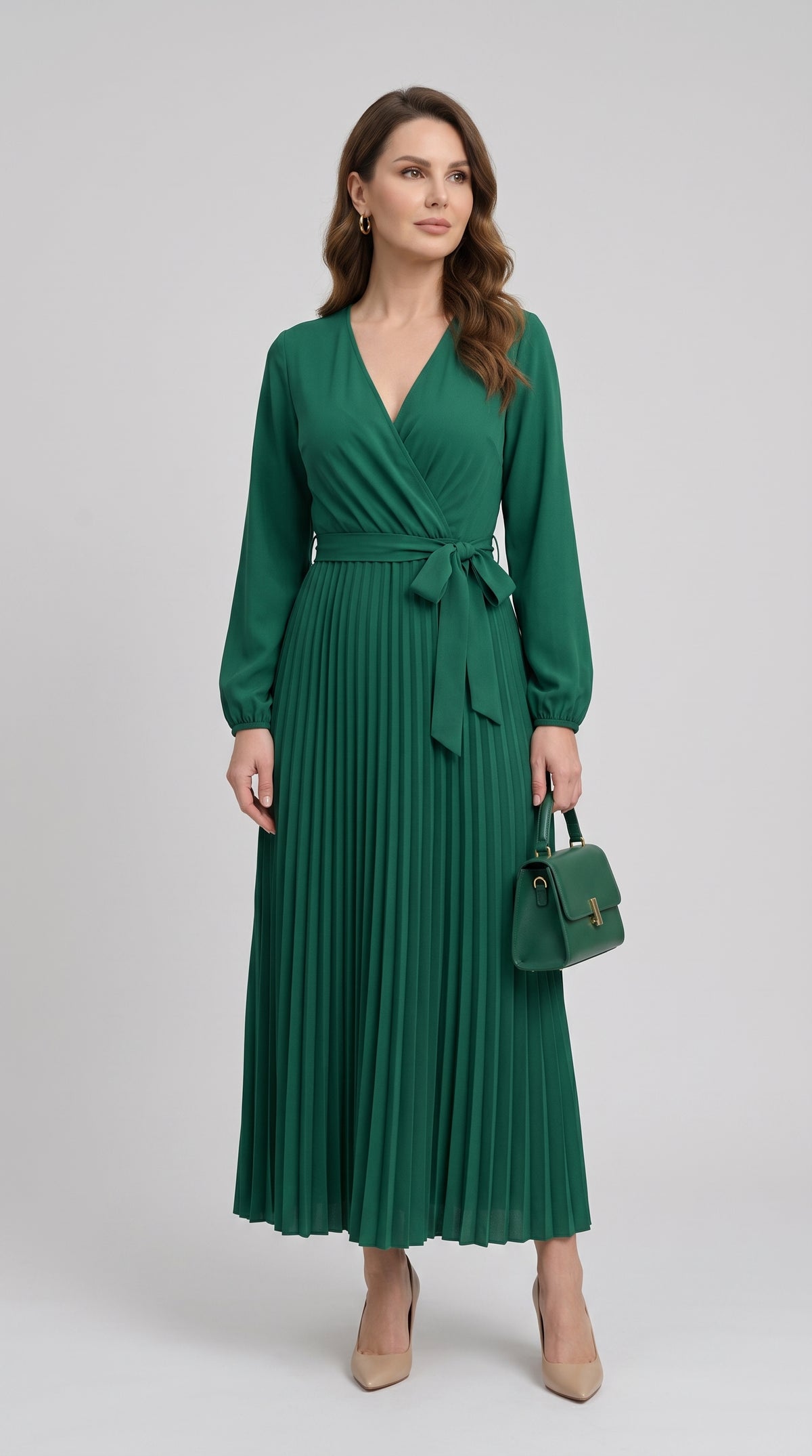 Rochie plisată cu decolteu în V – Verde