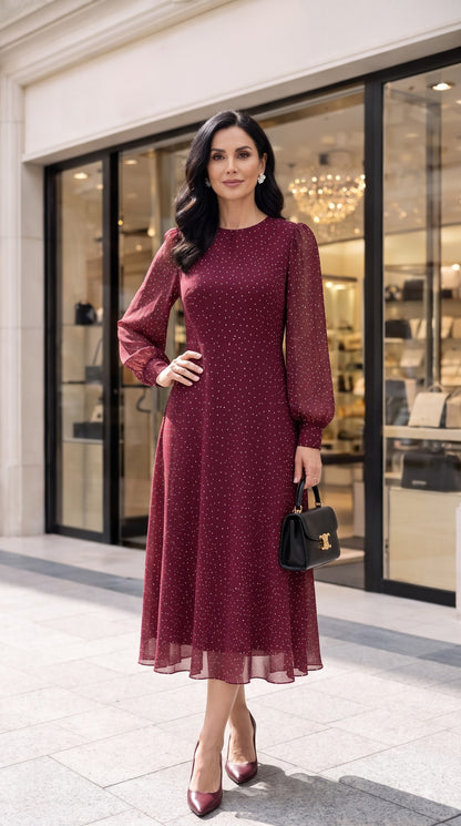 Rochie cu buline și mâneci lungi din voal – Bordo