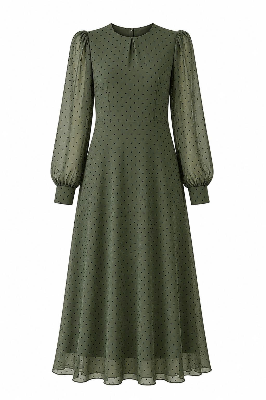 Rochie cu buline și mâneci lungi din voal – Verde