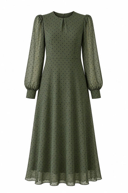 Rochie cu buline și mâneci lungi din voal – Verde