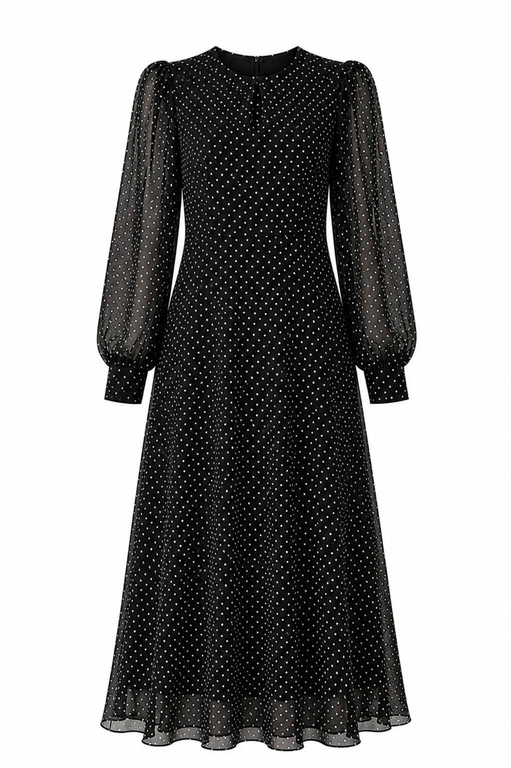 Rochie cu buline și mâneci lungi din voal – Negru