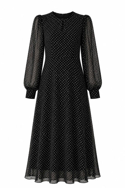 Rochie cu buline și mâneci lungi din voal – Negru