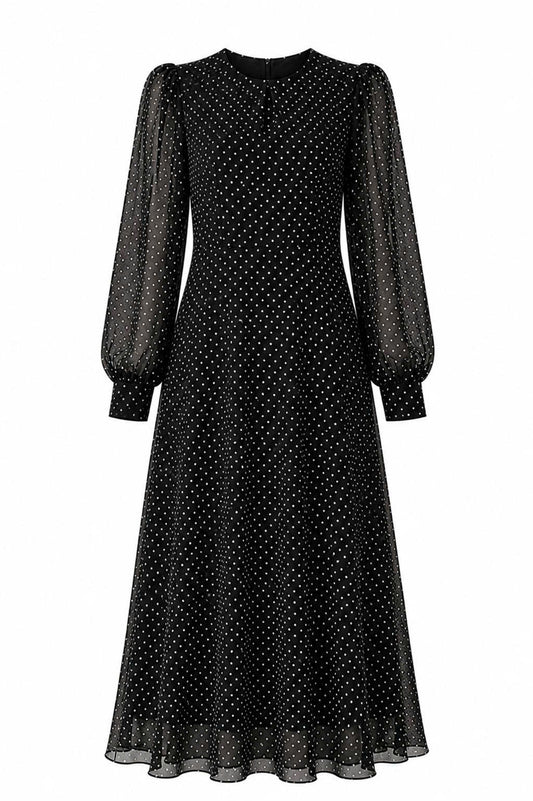 Rochie cu buline și mâneci lungi din voal – Negru
