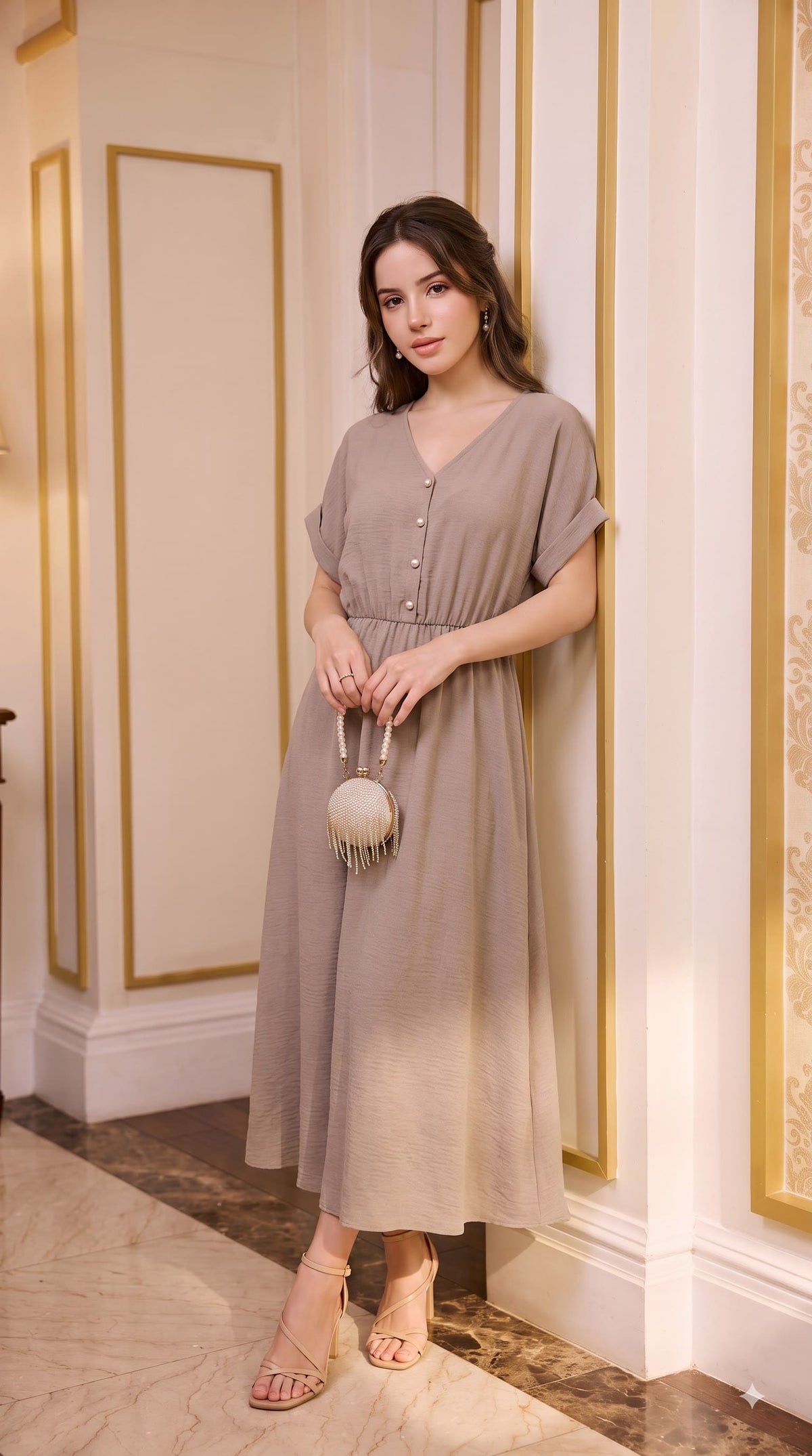 Rochie lungă cu mâneci tip kimono – Taupe