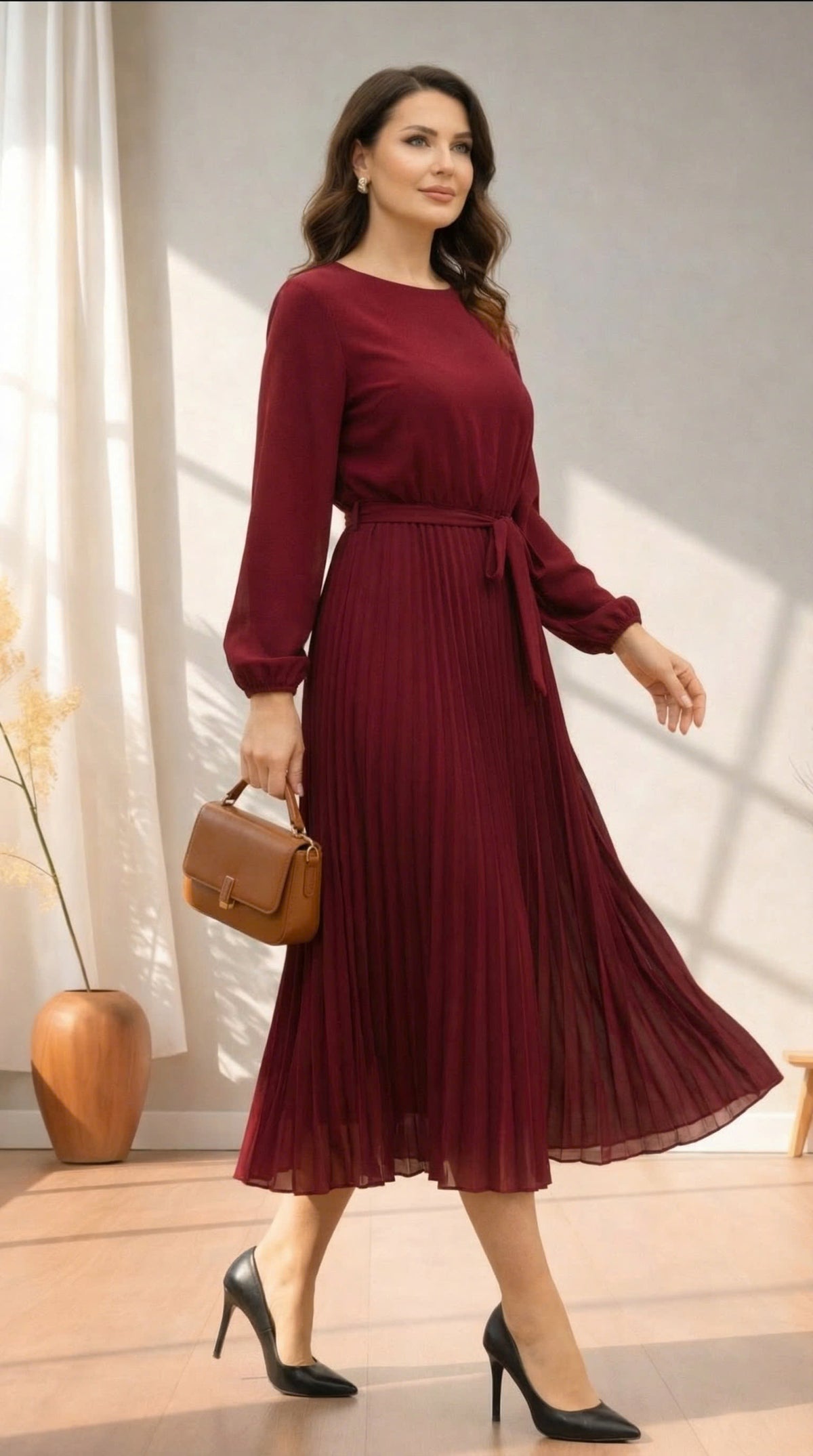 Rochia plisată cu decolteu rotund – Vișiniu Elegant