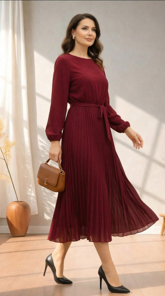 Rochia plisată cu decolteu rotund – Vișiniu Elegant